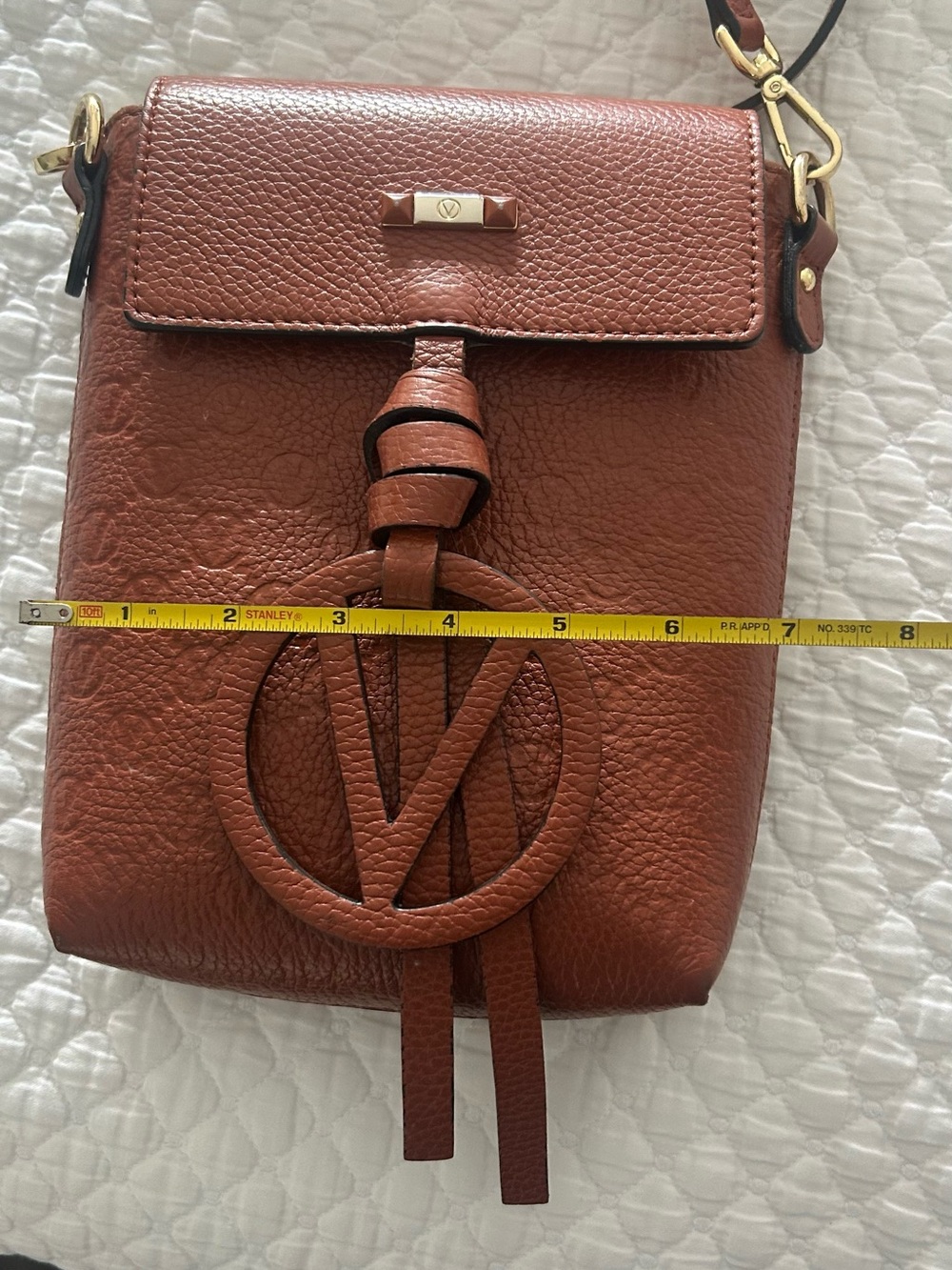 Valentino By Mario Valentino Cognac Leather Crossbody Phone Bag with Logo Charm - Picture 12 of 15